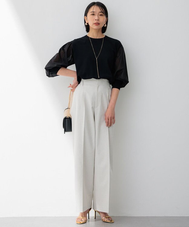 23区 【セットアップ対応/洗える】コットンリネン オックスストレッチ ワイド パンツ アイボリー系