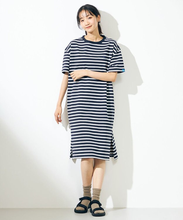 SHARE PARK LADIES 【UVカット】ボーダーロゴ半袖カットワンピース ホワイト系1