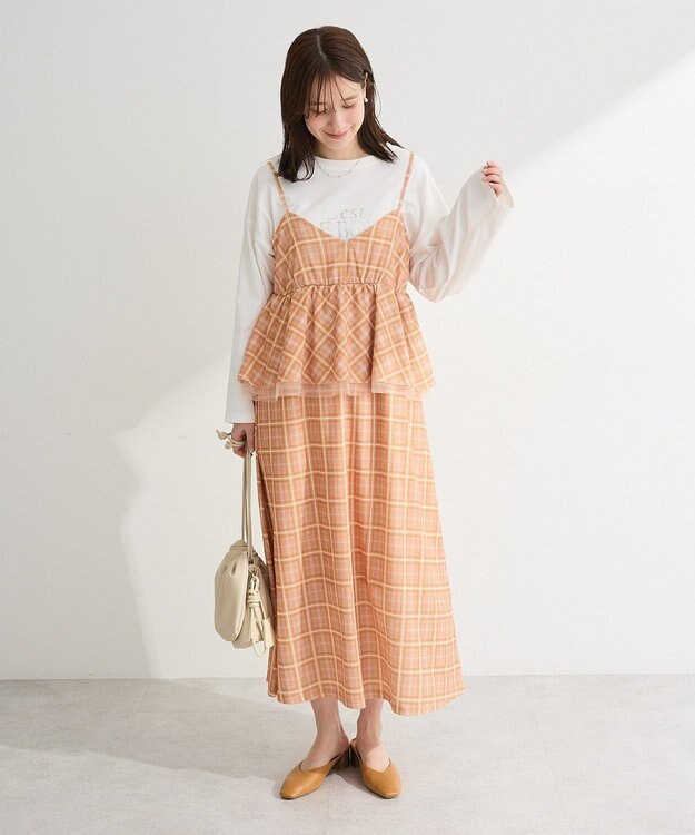 Green Parks ペプラムチェックキャミワンピース Orange