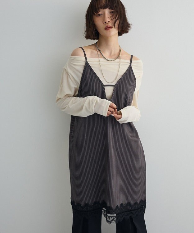 Green Parks ２ＷＡＹレース×ピンストライプキャミソールワンピース Charcoal Gray