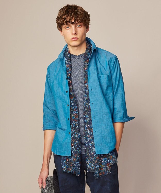 JOSEPH ABBOUD 【サステイナブル・７分袖】リヨセルリネンシャンブレー シャツ ターコイズブルー系