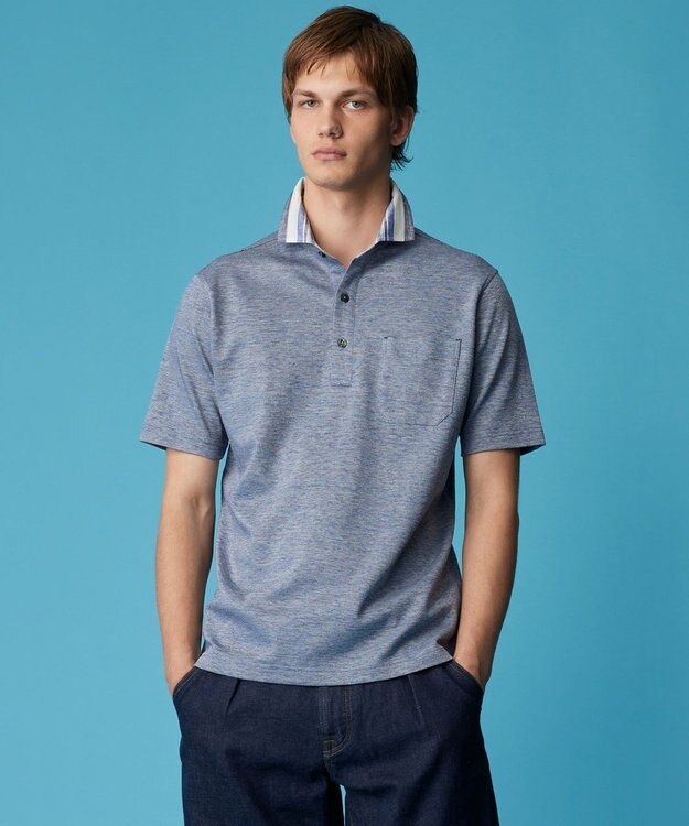 JOSEPH ABBOUD 【リネン素材/吸水速乾/日本素材】リネンハニカム ダディ ポロシャツ サックスブルー×ストライプ