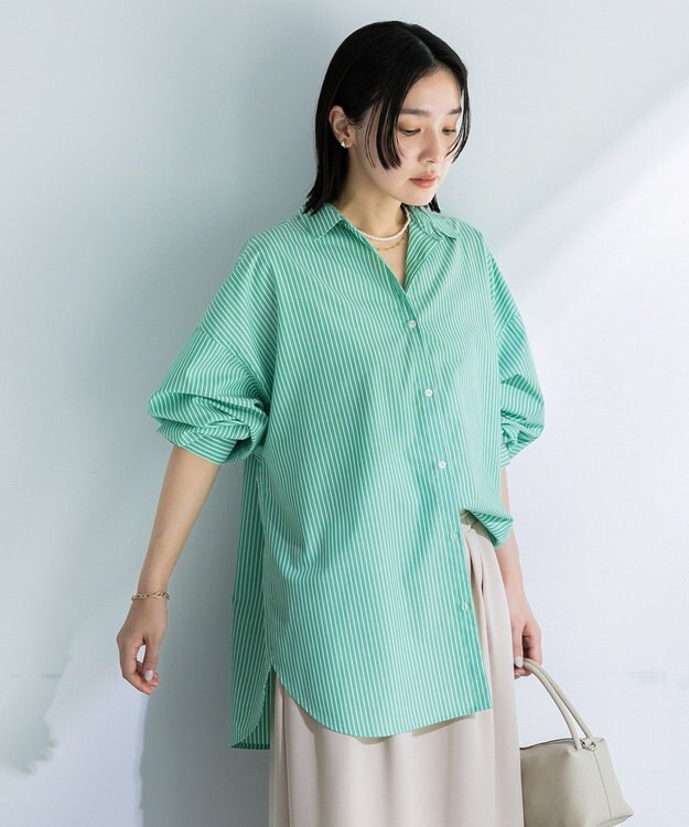 Green Parks イージーケア抜け衿シャツ Stripe Green