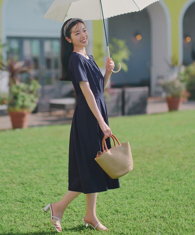 Tiaclasse 【おのののかさん着用】半袖&長袖選べる袖丈・タックフレアワンピース 半袖ネイビー