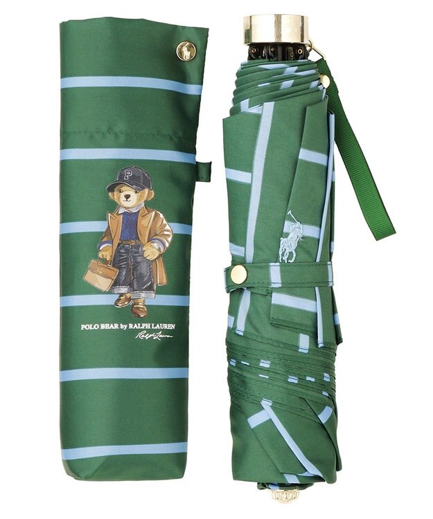 MOONBAT POLO RALPH LAUREN 折りたたみ傘 ボーダーストライプ POLO BEAR ビリジアン