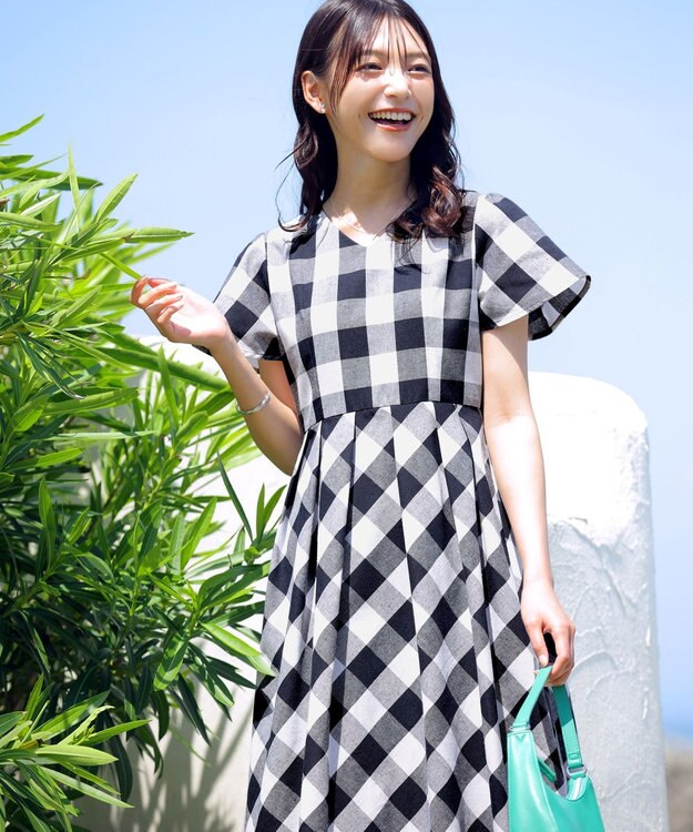 Tiaclasse 【袖が選べる・洗える】大柄ギンガムチェックワンピース 半袖：ネイビー