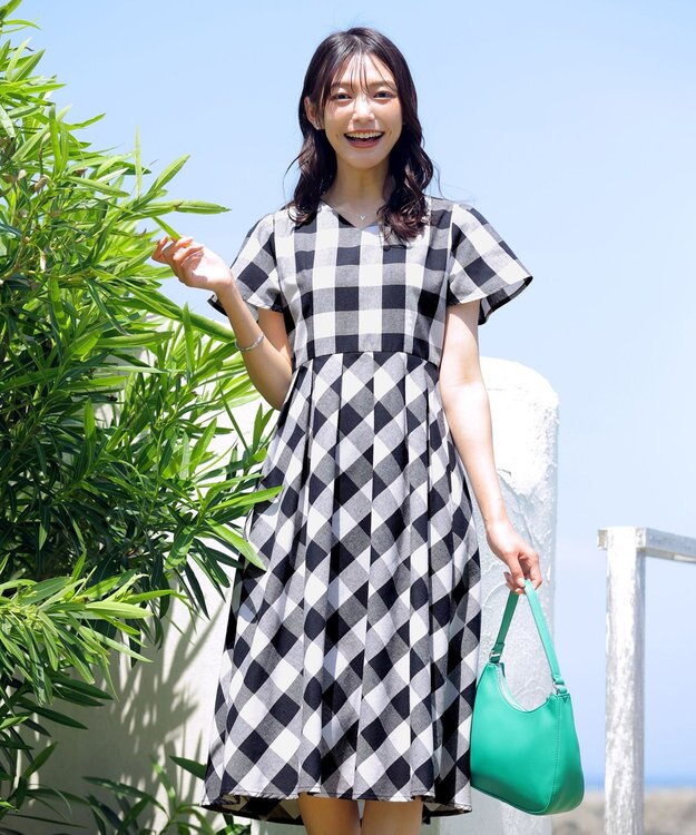 Tiaclasse 【袖が選べる・洗える】大柄ギンガムチェックワンピース 半袖：ネイビー