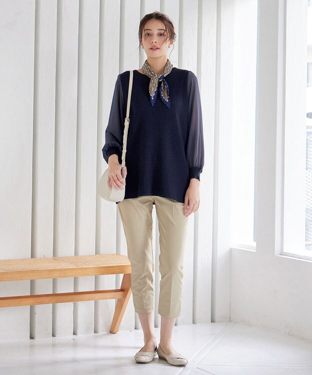 Tiaclasse シアーチェック柄ニットチュニック ネイビー