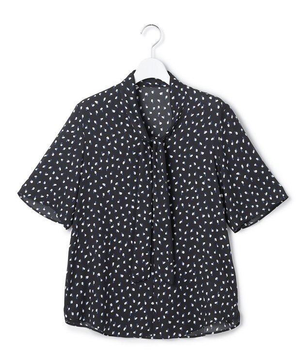 ICB L 【新色追加】BackSatinAmunzen 5分袖配色ボウタイブラウス ブラック×モチーフドット柄