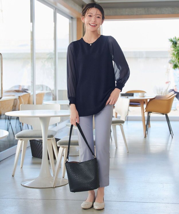 Tiaclasse シアーチェック柄ニットチュニック ネイビー