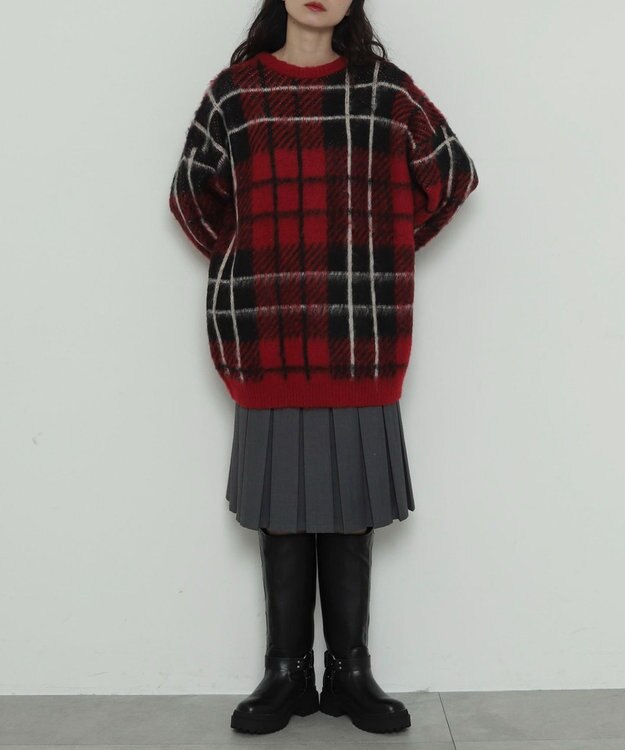 WEGO 【2025年秋冬新作】シャギーパターンニットBIGプルオーバー レッドチェック1