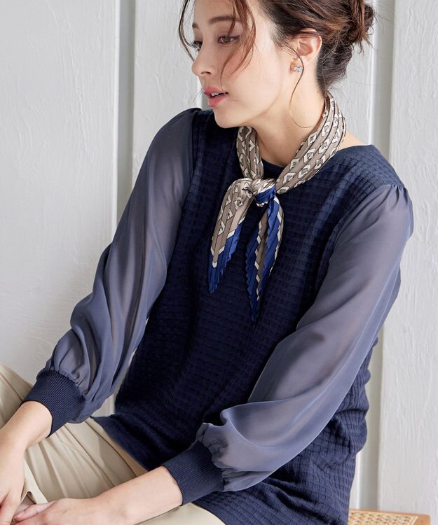 Tiaclasse シアーチェック柄ニットチュニック ネイビー