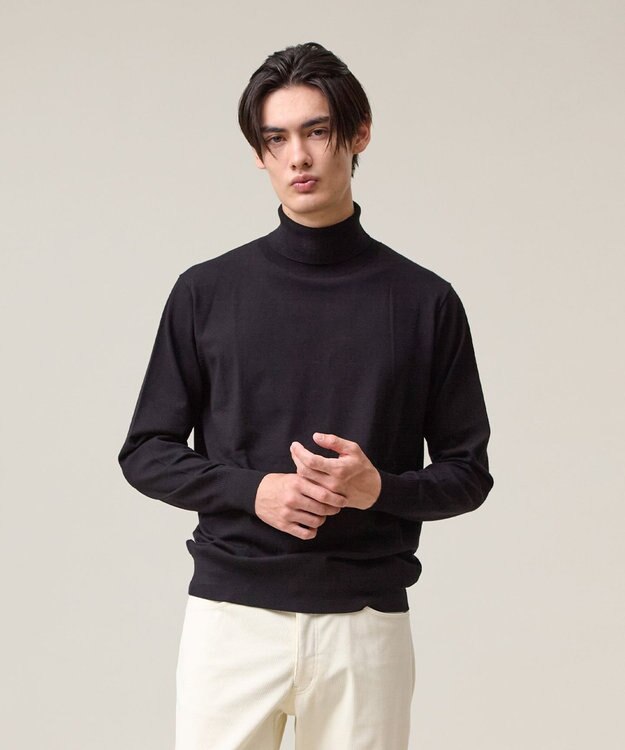 J.PRESS MEN 品よく暖かで首元からスマートに【ストレッチ / イージーケア】【FLEX YARN】タートルネック ニット ブラック系