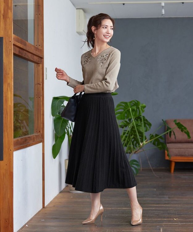 Tiaclasse 【洗える】刺繍リブニットトップス ベージュ