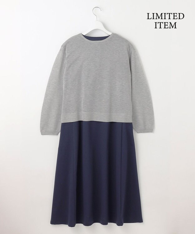 自由区 【WEB限定・洗える】シアーカーデ×ジャージードレス セット ライトグレー(ラメ)×ネイビー