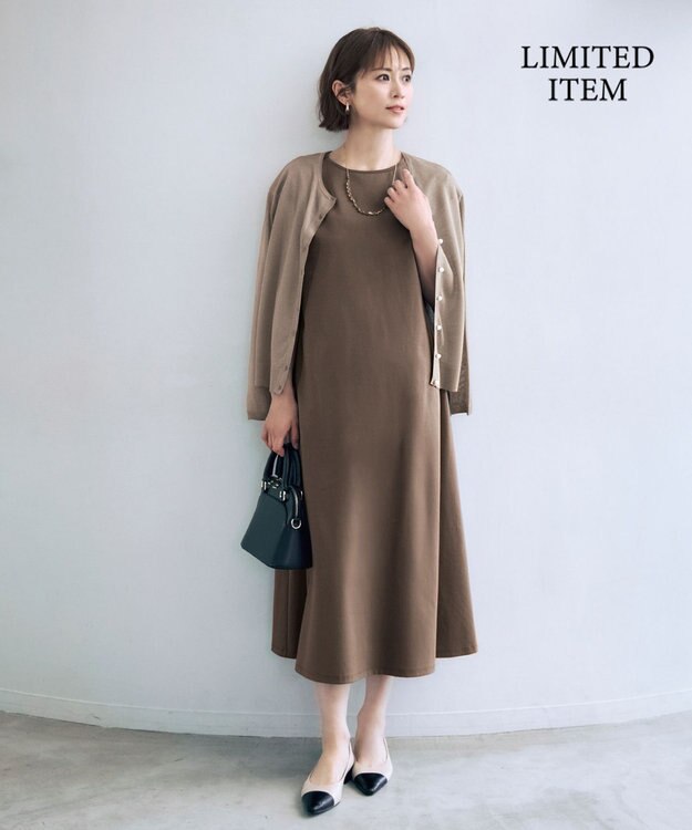 自由区 L 【WEB限定・洗える】シアーカーデ×ジャージードレス セット モカ(ラメ)×モカ