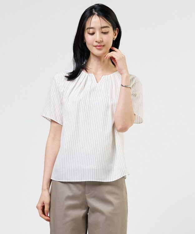 J.PRESS LADIES L 【一枚で着映え・シーンレスに活躍】シアーストライプ＆チェック カットソー オフ×ネイビーストライプ系1