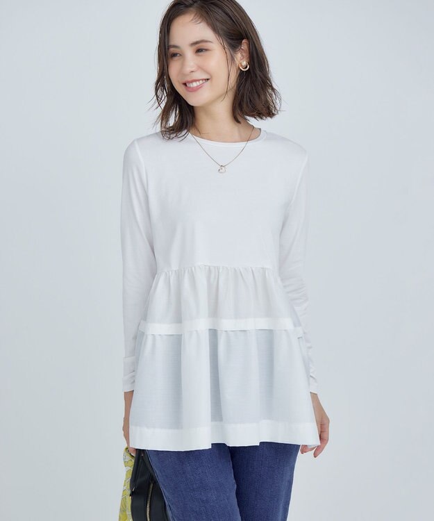 組曲 ストレッチ天竺ティアード ロングＴシャツ アイボリー系