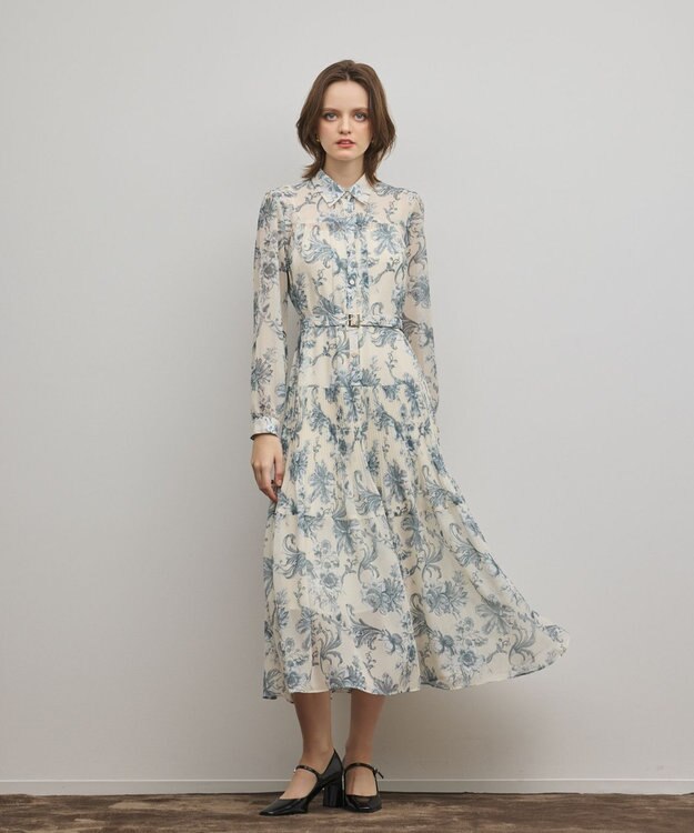 GRACE CONTINENTAL フラワープリントプリーツワンピース ベージュ