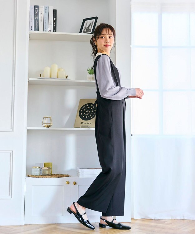 Feroux 【洗える】スカラップデザイン・サスペンダー付きパンツ ブラック系