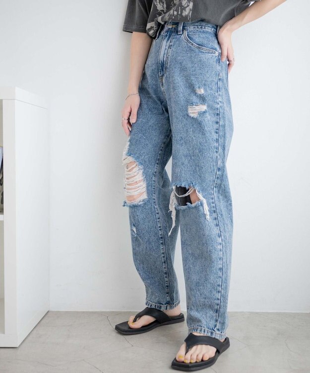 WEGO ヘビークラッシュローライズパンツ デニム中濃加工色