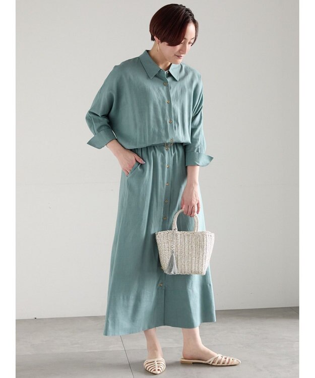 Te chichi レーヨンリネン共ベルトシャツワンピース グリーン