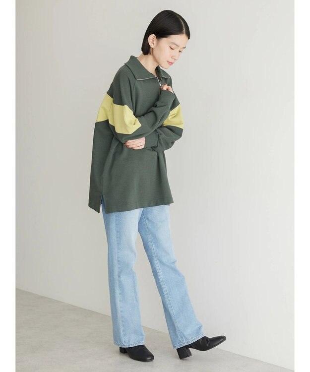 AMERICAN HOLIC ハーフＺＩＰ配色切り替え裏毛チュニック Khaki