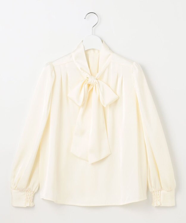 Feroux 【洗える】サテン ボウタイブラウス ピンク系