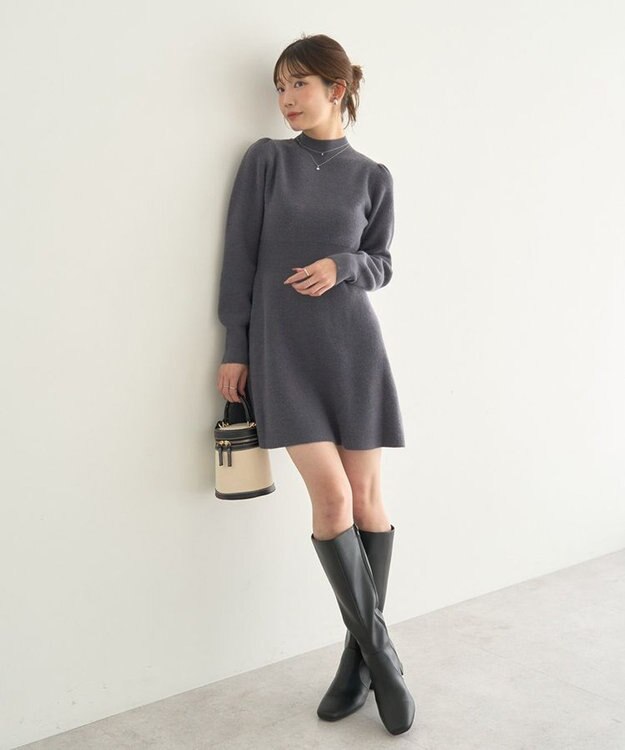 earth music&ecology ウエストリブフレアニットミニワンピース Charcoal Gray