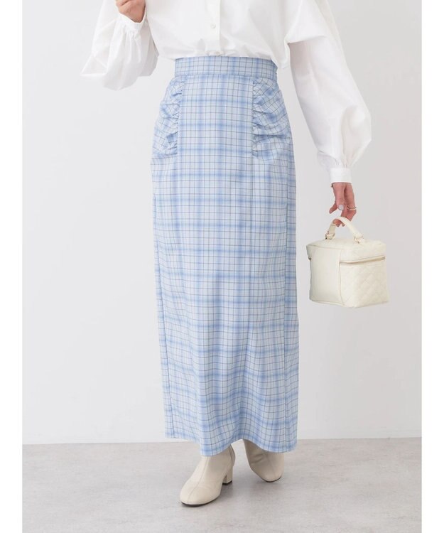 earth music&ecology ギャザーナロースカート Check Blue