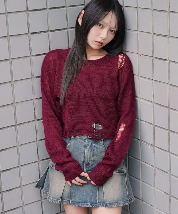 WEGO モヘアタッチダメージショートニット ワイン