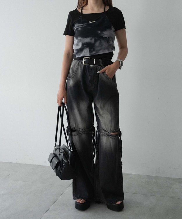 WEGO スリットダメージルーズデニム ブラック