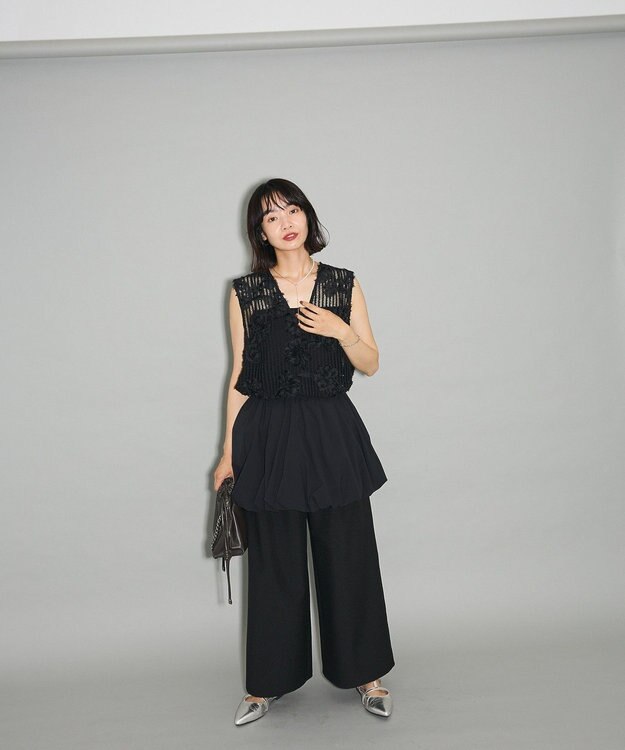 Green Parks テープ刺繍レースベスト Black