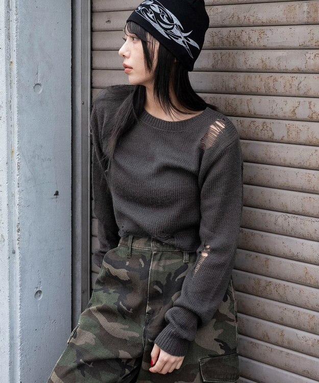 WEGO モヘアタッチダメージショートニット ブラック中濃色