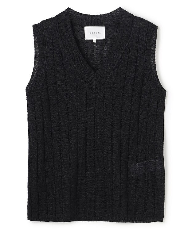 BEIGE， OPTICAL /  ペーパーヤーン Vネックリブニット Black