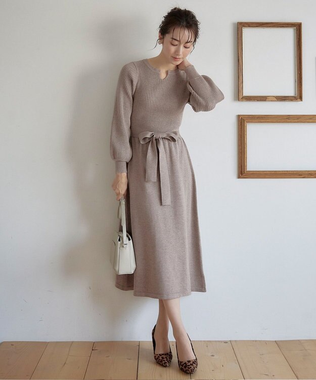 Tiaclasse 【洗える】パフ袖ニットワンピース モカ