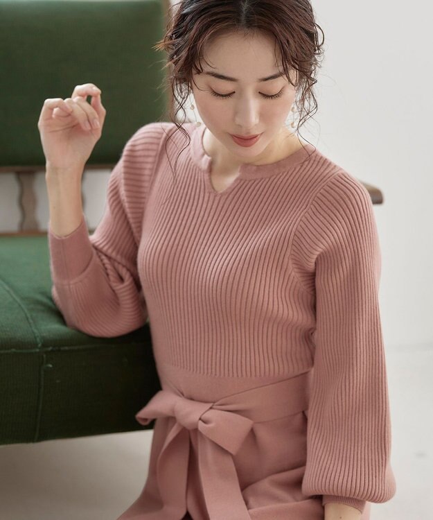 Tiaclasse 【洗える】パフ袖ニットワンピース ピンク