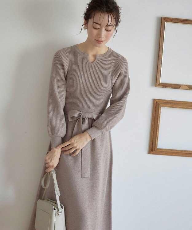 Tiaclasse 【洗える】パフ袖ニットワンピース モカ