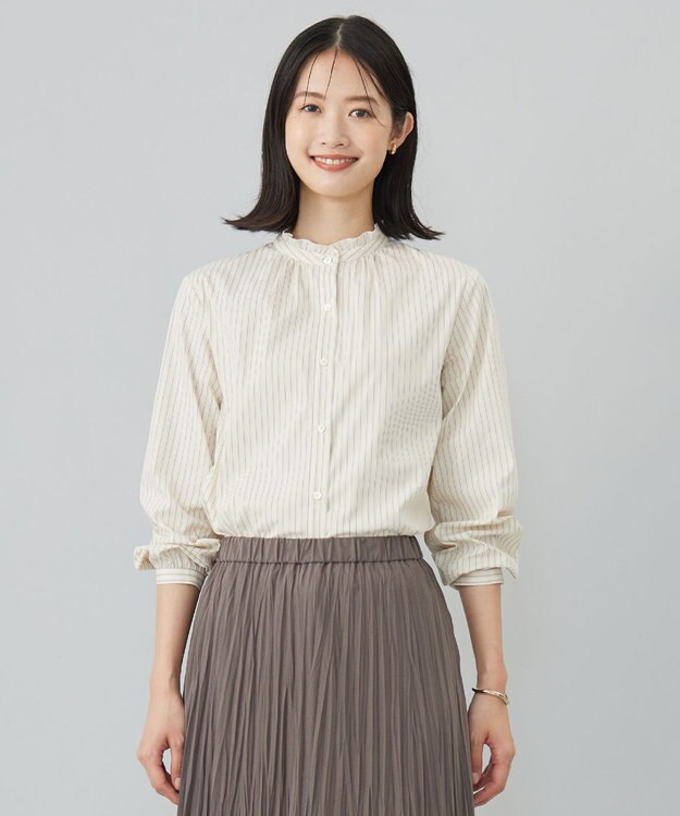 J.PRESS LADIES 【洗える】BEZ ドビーストライプ フリルネック ブラウス イエロー×グレーストライプ系