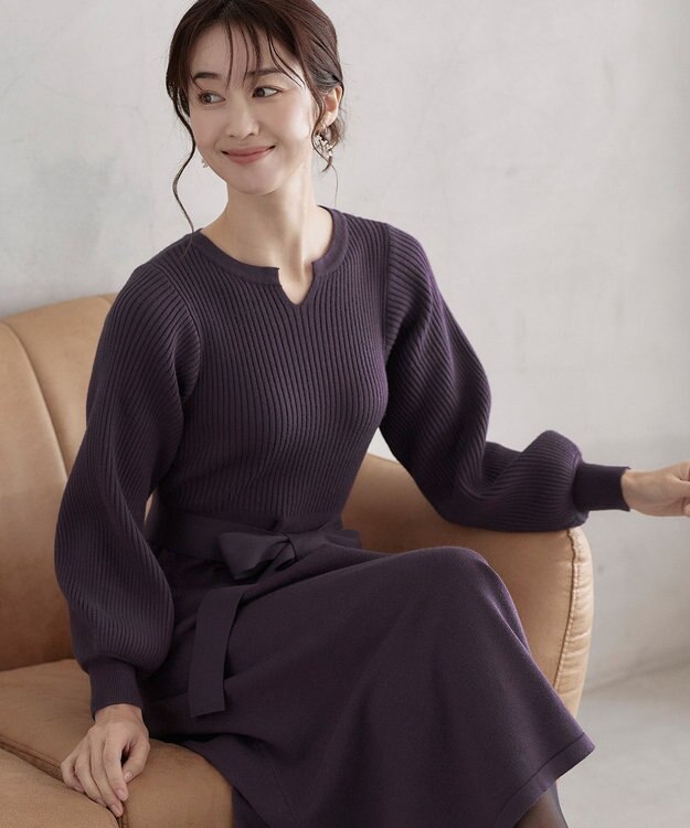 Tiaclasse 【洗える】パフ袖ニットワンピース パープル