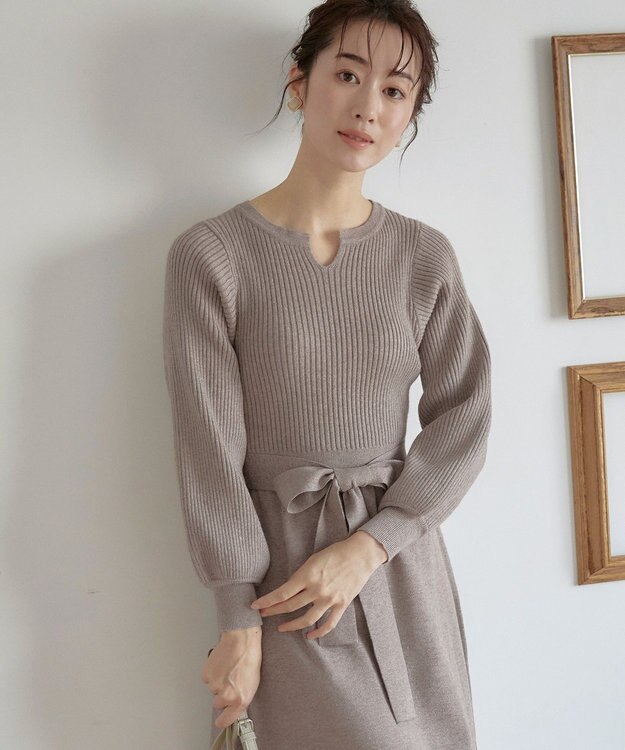 Tiaclasse 【洗える】パフ袖ニットワンピース モカ