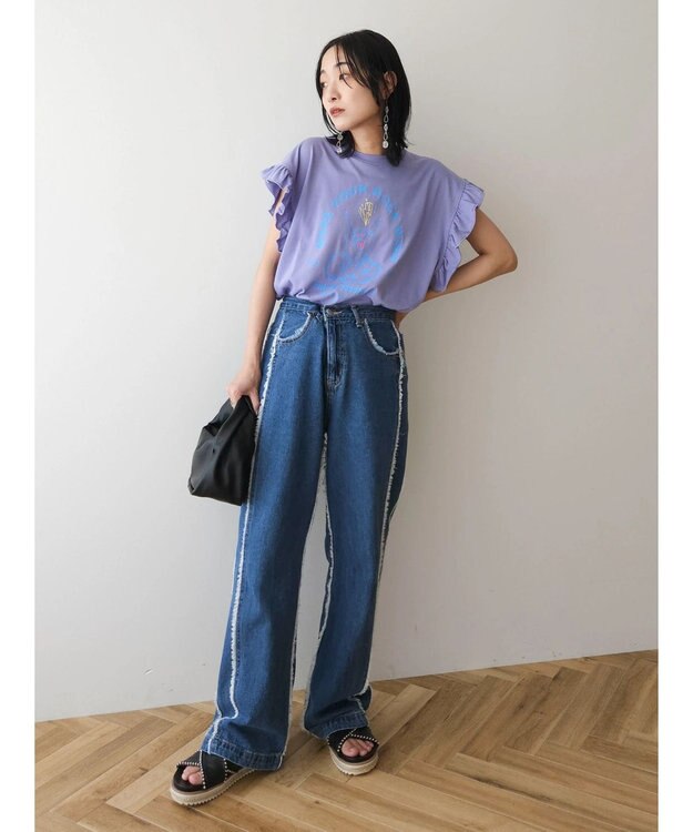 Green Parks ・ＤｏｕｂｌｅＦｌａｇｓ　フリルショルダープリントＴＥＥ Purple