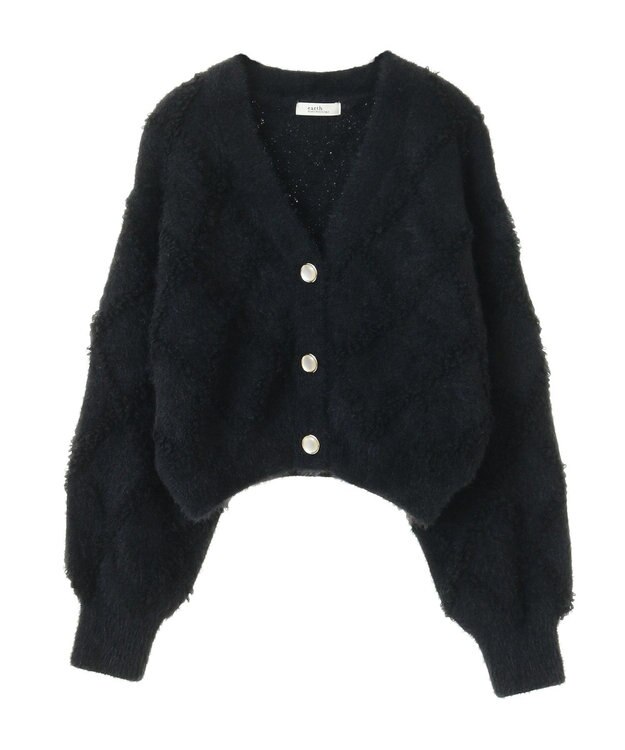 earth music&ecology シャギーダイヤ柄ショートニットカーディガン Black