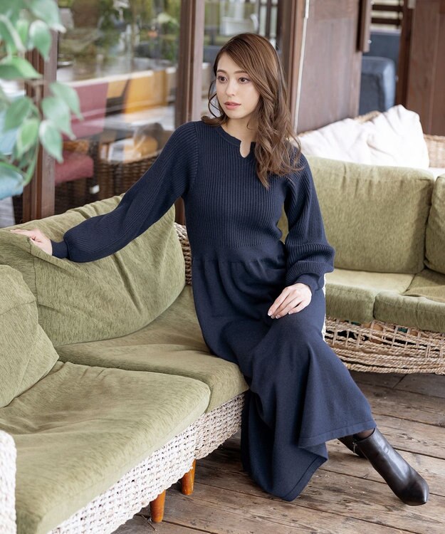 Tiaclasse 【洗える】パフ袖ニットワンピース ネイビー