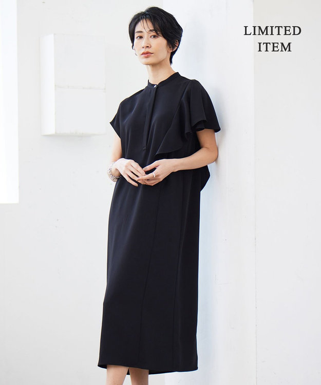 ICB 【接触冷感・UVケア・防シワ・洗える】エステルダブルクロス ラッフルスリーブワンピース ブラック系