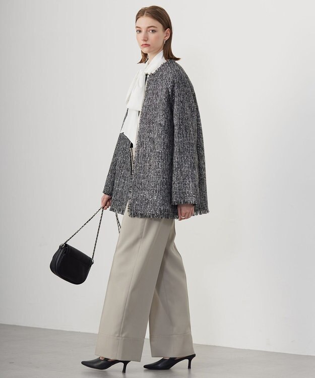 ICB L スパングルツイード ノーカラーコート ブラック×オフホワイト系