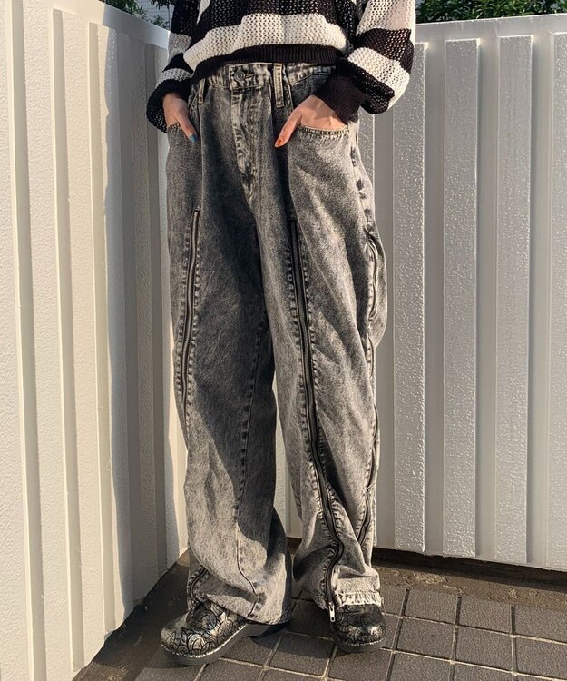 WEGO 【ユニセックス着用ITEM】ジャージドッキングZIPデニムパンツ オレンジ