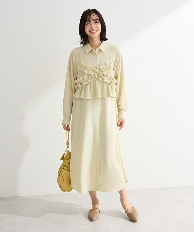 Green Parks ＳＥＴ２点フリルビスチェ＋シャツワンピース Light Khaki