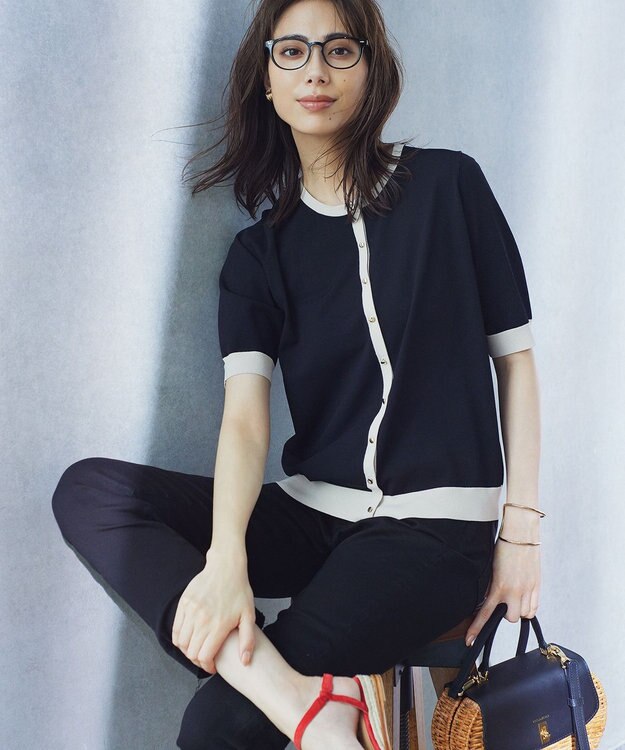 23区 【洗える】レーヨンポリエステルストレッチ 半袖 カーディガン ブラック×サンド