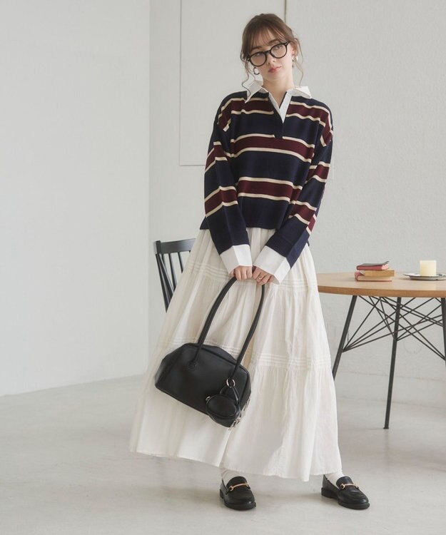 WEGO 【ANGIE VINTAGE】シャツ襟 ドッキング　フェイクレイヤード ニット トップス ブルーボーダー